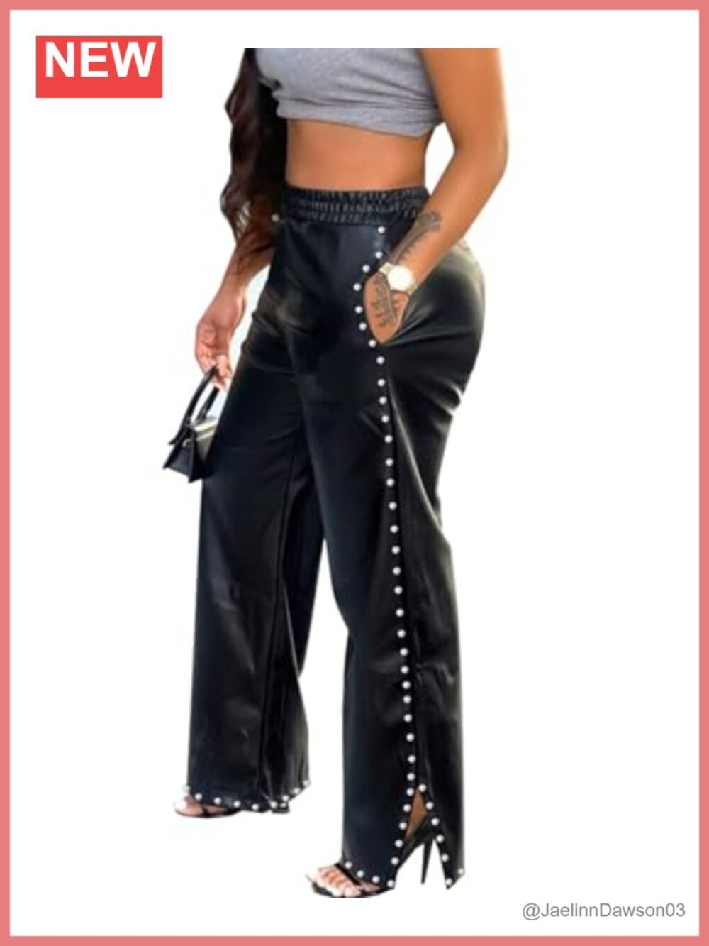 Wide Leg Faux Leather Pants with Rivets and Pearls Elastic Waist